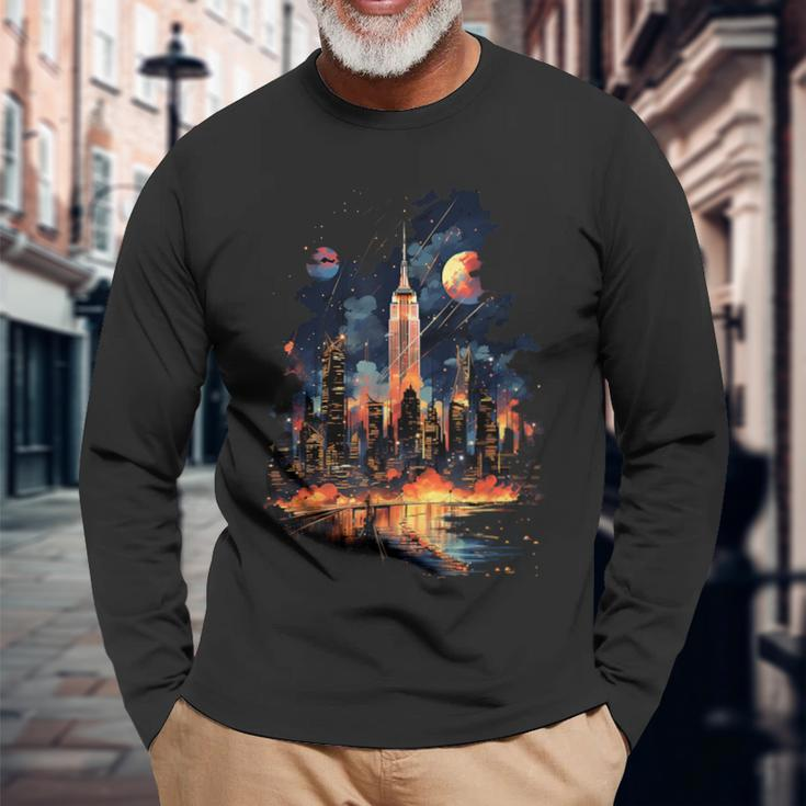 New York City Downtown Skyline Statue Of Liberty Nyc Long Sleeve T-Shirt Gifts for Old Men