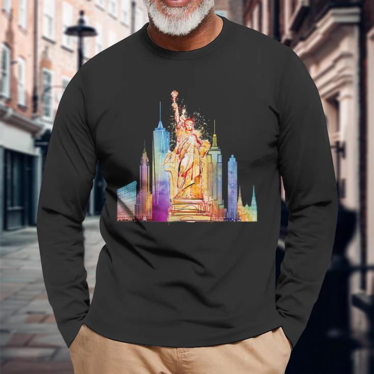 New York City Nyc Retro Watercolor Statue Of Liberty Ny City Long Sleeve T-Shirt T-Shirt Gifts for Old Men