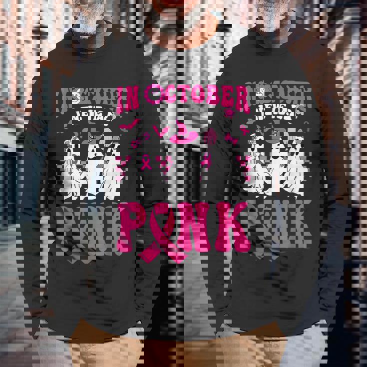 In October We Wear Pink Cute Ghost Breast Cancer Halloween Long Sleeve T-Shirt Gifts for Old Men