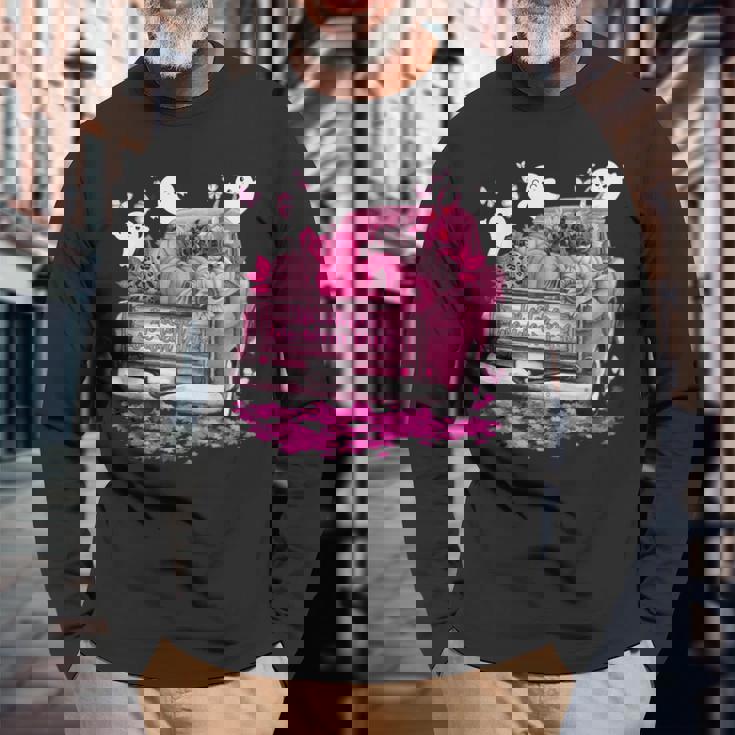 October We Wear Pink Ghosts Pumpkins Breast Cancer Halloween Long Sleeve T-Shirt Gifts for Old Men