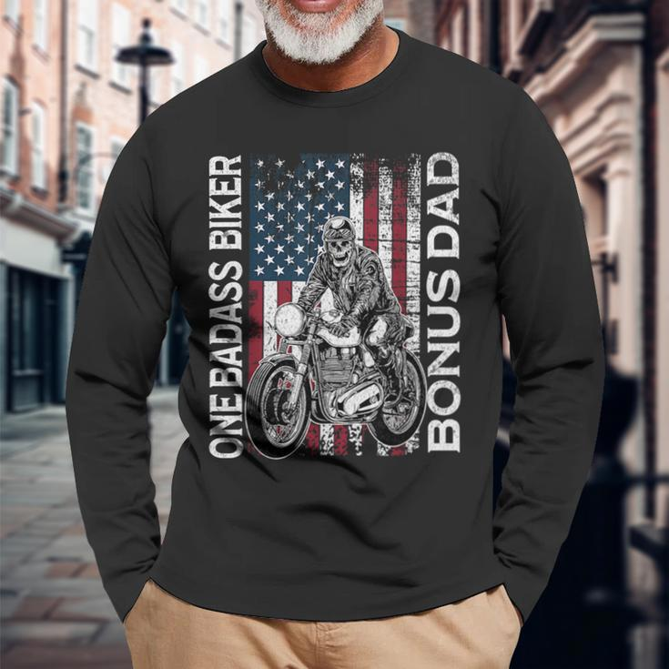 One Badass Biker Bonus Dad Grunge American Flag Skeleton For Dad Long Sleeve T-Shirt T-Shirt Gifts for Old Men