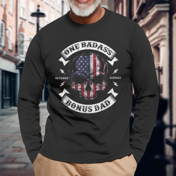 One Badass Bonus Dad Birthday Party Skull Fathers Day Long Sleeve T-Shirt Gifts for Old Men