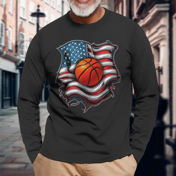 Patriotic Basketball 4Th Of July Usa American Flag Boys Long Sleeve T-Shirt T-Shirt Gifts for Old Men