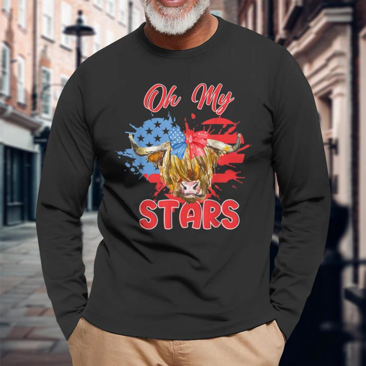 Patriotic Highland Cow Oh My Stars 4Th Of July American Flag Long Sleeve T-Shirt Gifts for Old Men