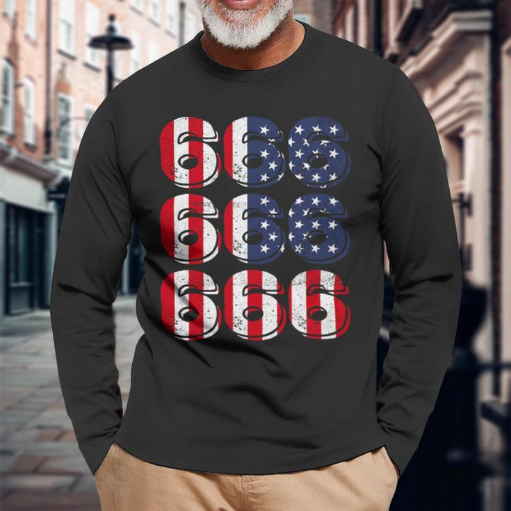 Patriotic Satan American Flag Occult Pentagram Baphomet 666 Long Sleeve T-Shirt Gifts for Old Men