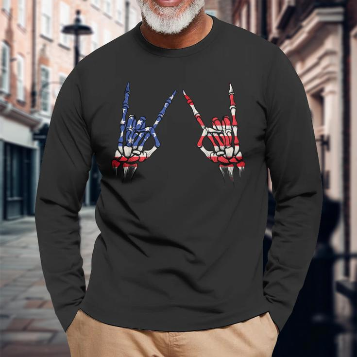 Patriotic Usa Flag Skeleton Rock On Devil Horns 4Th Of July Patriotic Long Sleeve T-Shirt T-Shirt Gifts for Old Men