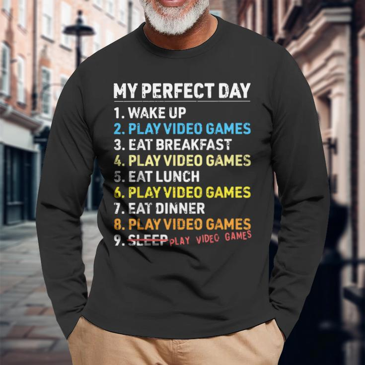 My Perfect Day Video Games Gamer Boys Gaming Long Sleeve T-Shirt Gifts for Old Men
