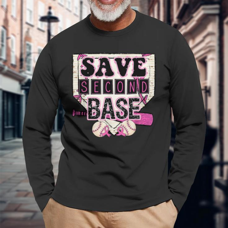 Pink Baseball Breast Cancer Awareness Save Second 2Nd Base Long Sleeve T-Shirt Gifts for Old Men
