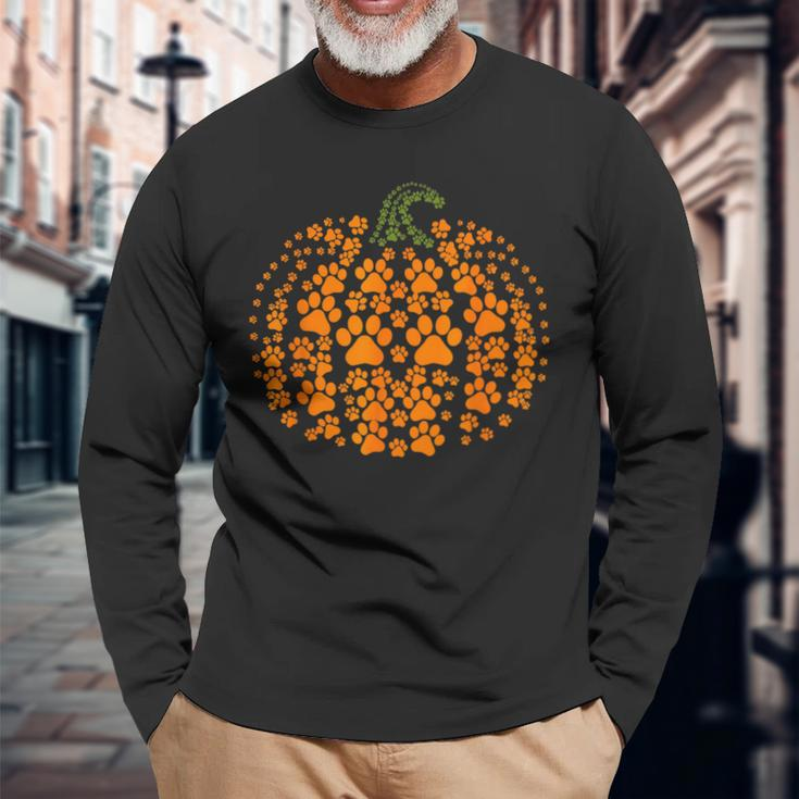 Pumpkin Dog Cat Paw Print Halloween Pet Lover Long Sleeve T-Shirt Gifts for Old Men