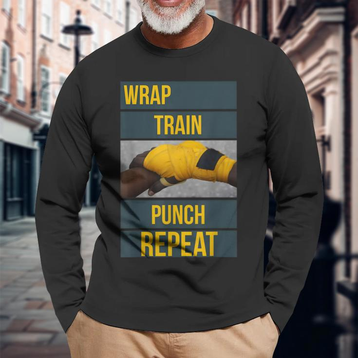 Punchy Graphics Wrap Train Punch Repeat Boxing Kickboxing Long Sleeve T-Shirt Gifts for Old Men