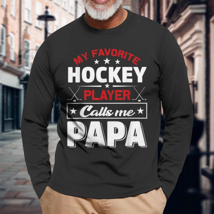 Retro My Favorite Hockey Player Calls Me Papa Fathers Day Long Sleeve T-Shirt T-Shirt Gifts for Old Men