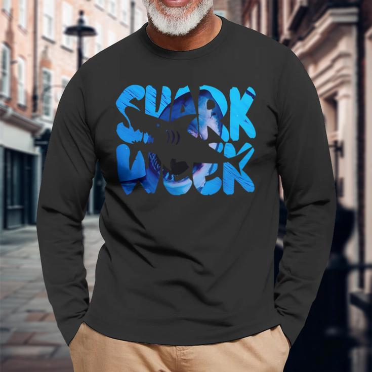 Retro Shark Ocean Biologist Animal Lover Shark Fin Week 2023 Long Sleeve T-Shirt Gifts for Old Men