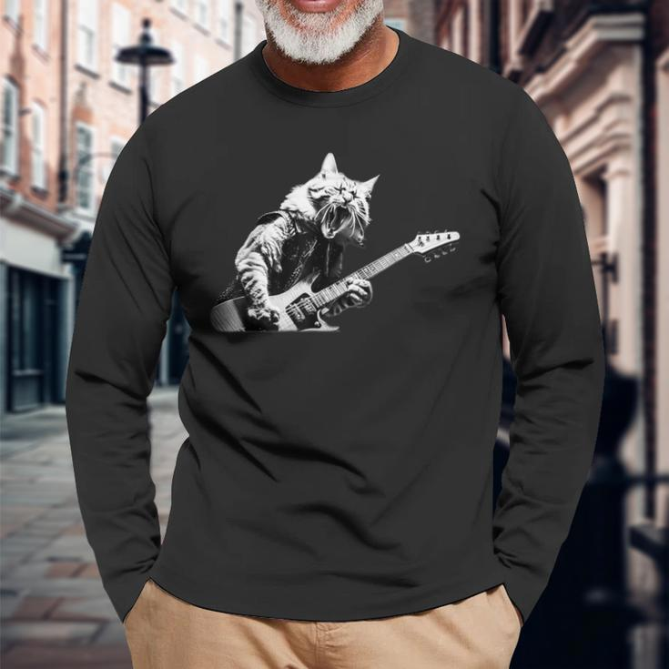 Rock Cat Playing Guitar Guitar Cat Long Sleeve T-Shirt Gifts for Old Men
