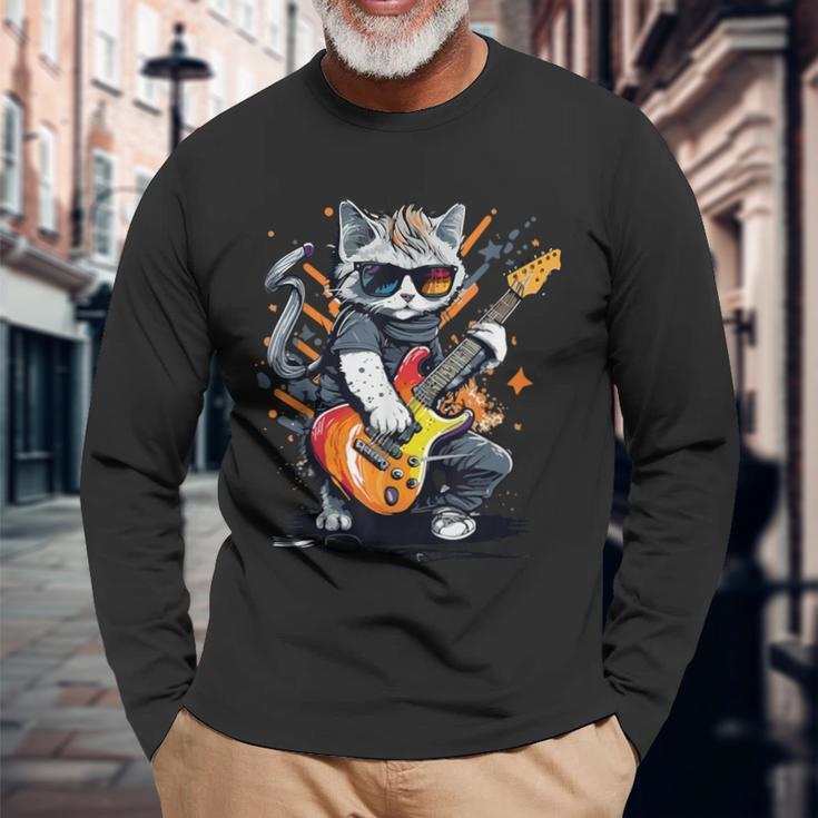 Rock Cat Playing Guitar Guitar Cat Long Sleeve T-Shirt Gifts for Old Men