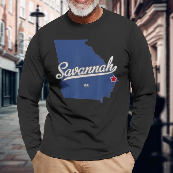 Savannah Georgia Ga Map Long Sleeve T-Shirt Gifts for Old Men