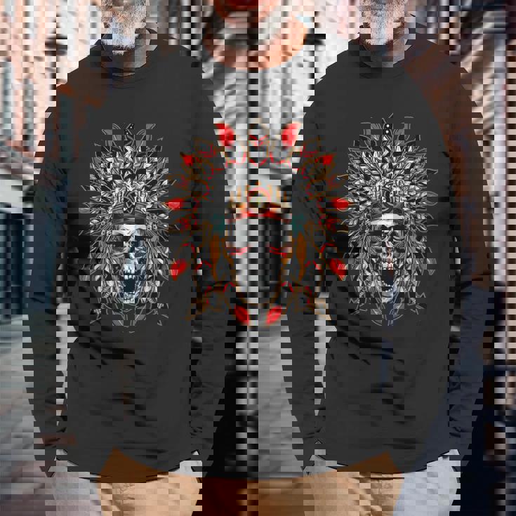 Screaming Skull In Native American Indian Headdress Feathers Native American Long Sleeve T-Shirt Gifts for Old Men