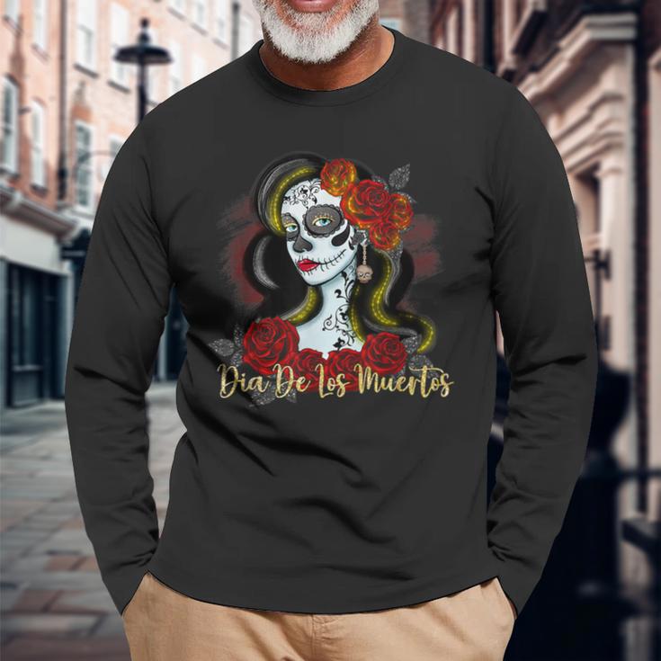 Senora Lady Roses Mexican Dead Day Of Dia De Los Muertos Long Sleeve T-Shirt Gifts for Old Men