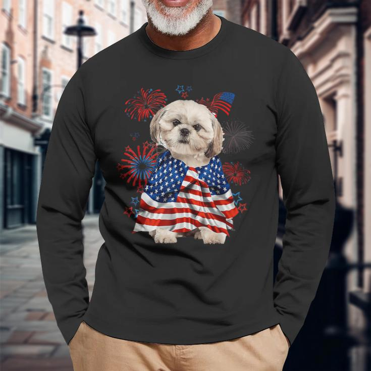Shih Tzu Dog American Usa Flag 4Th Of July Dog Lover Owner Long Sleeve T-Shirt T-Shirt Gifts for Old Men