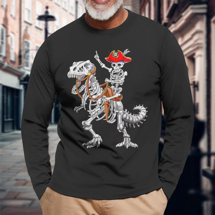 Skeleton Pirate Riding Skeleton Dinosaur Halloween Spooky Long Sleeve T-Shirt Gifts for Old Men