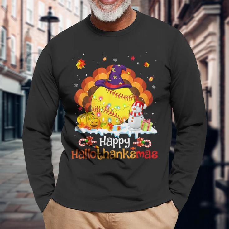 Softball Halloween Christmas Thanksgiving Hallothanksmas Long Sleeve T-Shirt Gifts for Old Men