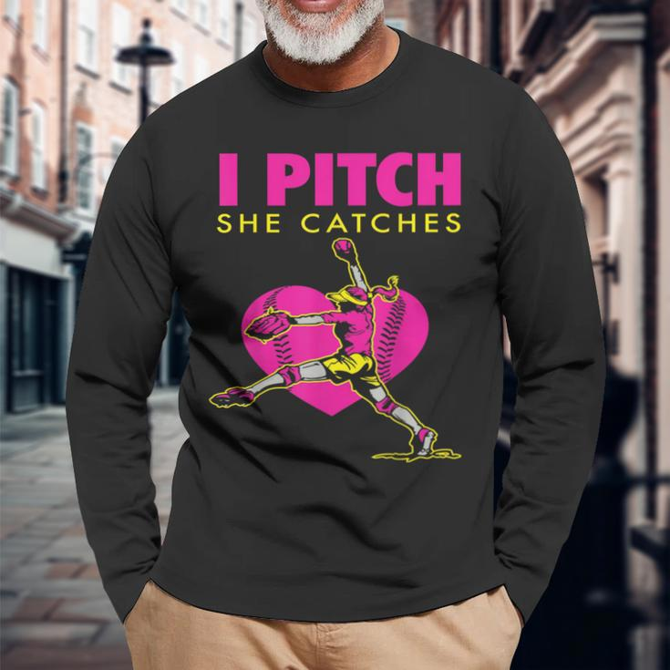 Softball Parent Fan I Pitch She Catches Long Sleeve T-Shirt Gifts for Old Men