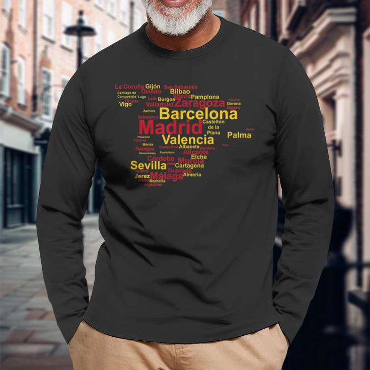 Spain Map Silhouette Towns Cities Madrid Travel Espana Long Sleeve T-Shirt Gifts for Old Men