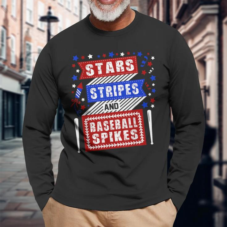 Stripes Stars And Baseball Spikes 4Th Of July Independence Long Sleeve T-Shirt Gifts for Old Men