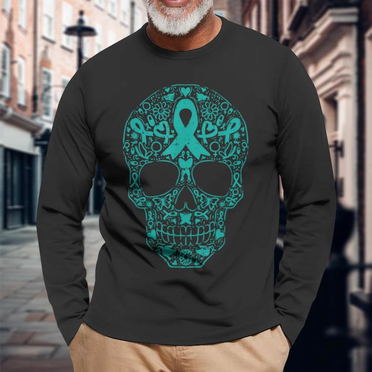 Sugar Skull Teal Ribbon Ovarian Cancer Awareness Mexican Long Sleeve Gifts for Old Men