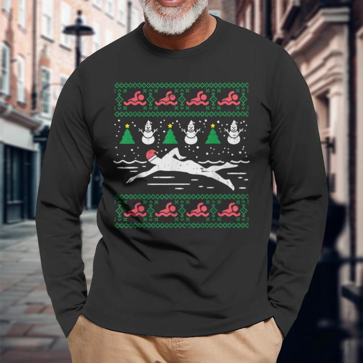 Swimmin Santa Ugly Christmas Sweater Sport Swim Swimmer Long Sleeve T-Shirt Gifts for Old Men