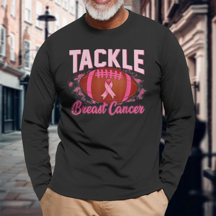 Tackle Football Pink Ribbon Warrior Breast Cancer Awareness Long Sleeve T-Shirt Gifts for Old Men