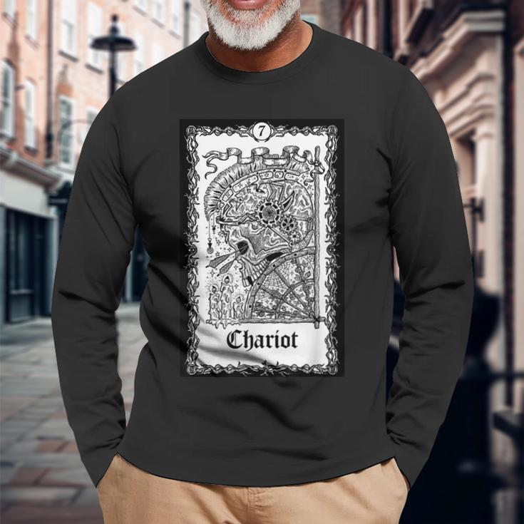 Tarot Card The Chariot Skull Goth Punk Magic Occult Tarot Long Sleeve T-Shirt Gifts for Old Men