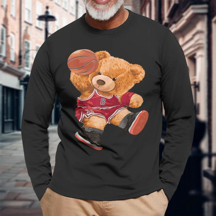 Teddy Bear Basketball Slam Dunk Sport Cute Cartoon Teddy Bear Long Sleeve T-Shirt T-Shirt Gifts for Old Men
