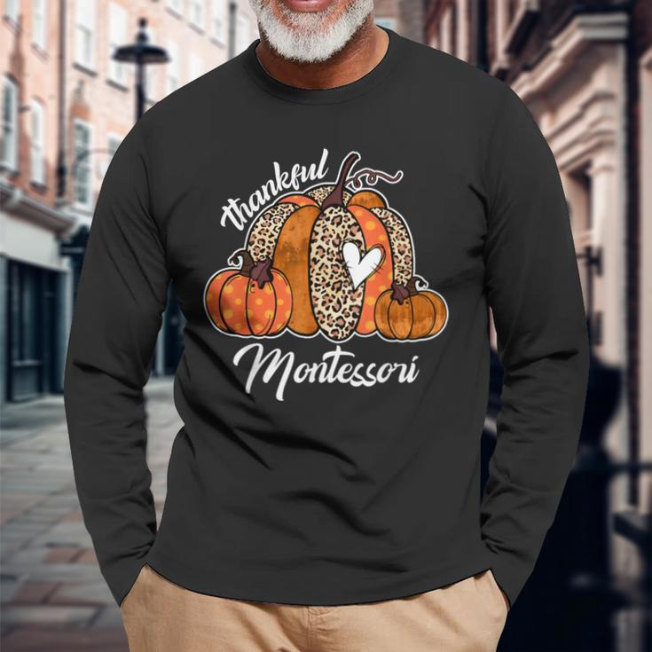 Thankful Montessori Pumpkin Leopard Plaid Thanksgiving Day Long Sleeve T-Shirt Gifts for Old Men