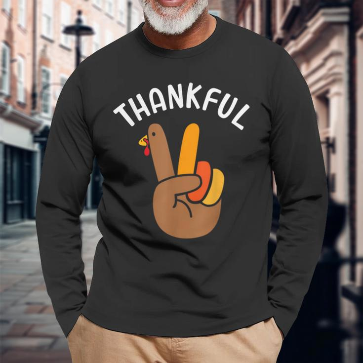 Thankful Peace Hand Sign For Thanksgiving Turkey Dinner Long Sleeve T-Shirt Gifts for Old Men