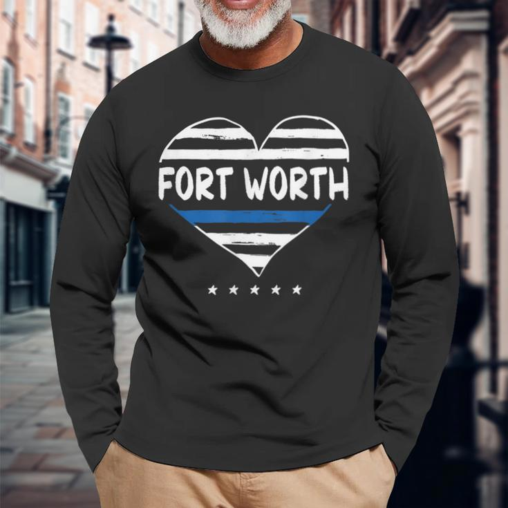 Thin Blue Line Heart Fort Worth Police Officer Texas Cops Tx Long Sleeve T-Shirt Gifts for Old Men