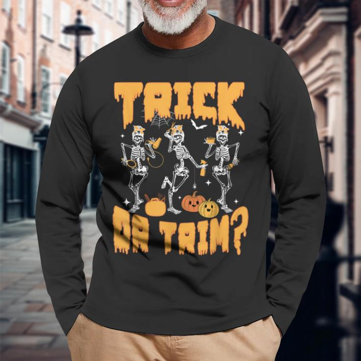 Trick Or Trim Halloween Hairstylist Skeletons And Pumpkins Long Sleeve T-Shirt Gifts for Old Men