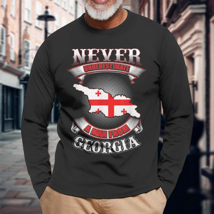 Never Underestimate Georgia Georgia Country Map Long Sleeve T-Shirt Gifts for Old Men