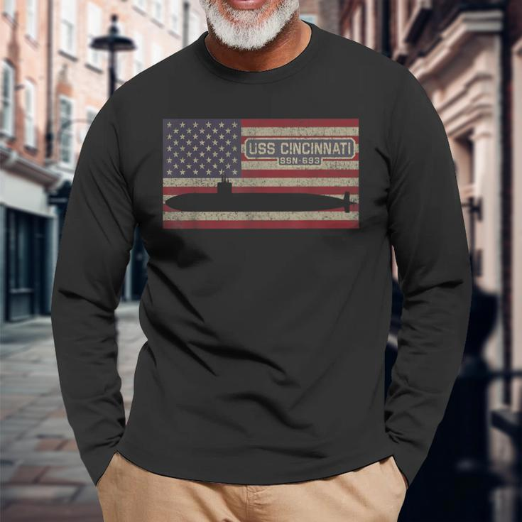 Uss Cincinnati Ssn-693 Submarine Usa American Flag Long Sleeve T-Shirt Gifts for Old Men