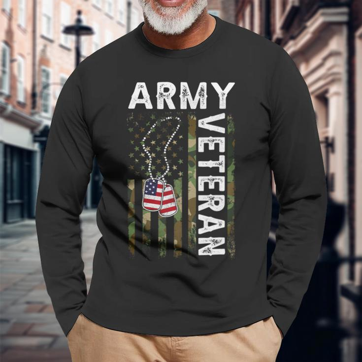 Veteran Vets Us Army Veteran Usa America Camo Flag And Military Dog Tag Veterans Long Sleeve T-Shirt Gifts for Old Men