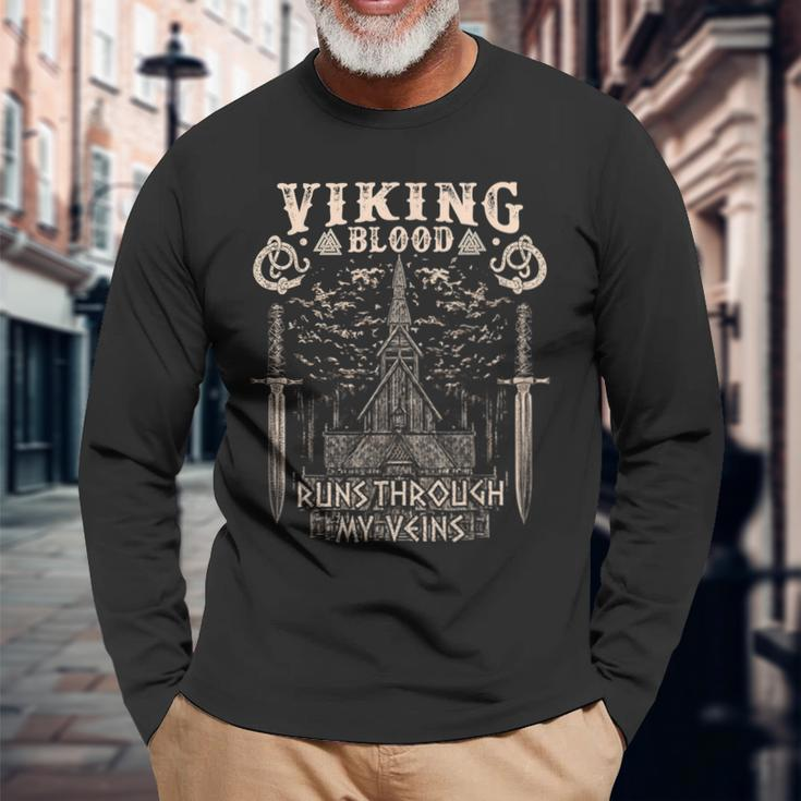 Viking Blood Runs Through My Veins Viking Church Long Sleeve T-Shirt Gifts for Old Men