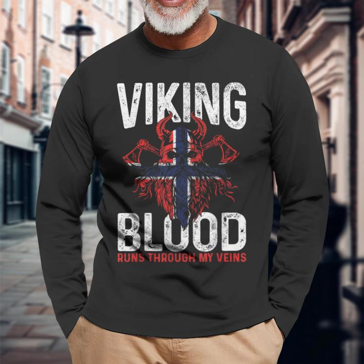 Viking Blood Runs Through My Veins Norwegian Roots Pride Long Sleeve T-Shirt Gifts for Old Men