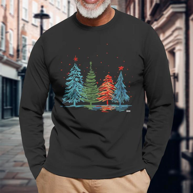 Vintage Christmas Trees Hand Drawing Christmas Trees Long Sleeve T-Shirt Gifts for Old Men