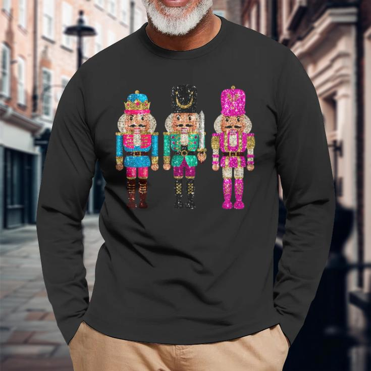 Vintage Sequin Cheerful Sparkly Nutcrackers Christmas Long Sleeve T-Shirt Gifts for Old Men