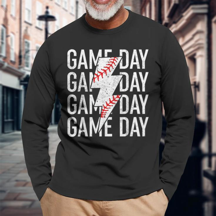 Vintage Game Day Fathers Day Lightning Bolt Baseball Sport Long Sleeve T-Shirt Gifts for Old Men