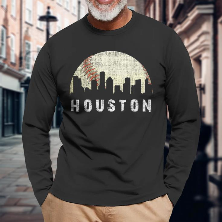 Vintage Houston Skyline City Baseball Met At Gameday Long Sleeve T-Shirt Gifts for Old Men