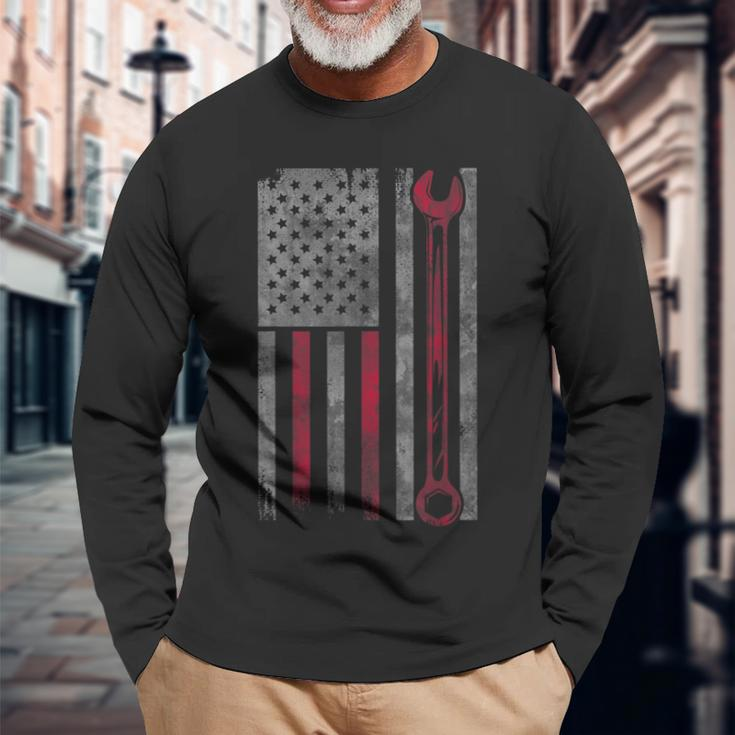 Vintage Mechanic American Flag Patriotic Car Mechanic Long Sleeve T-Shirt Gifts for Old Men
