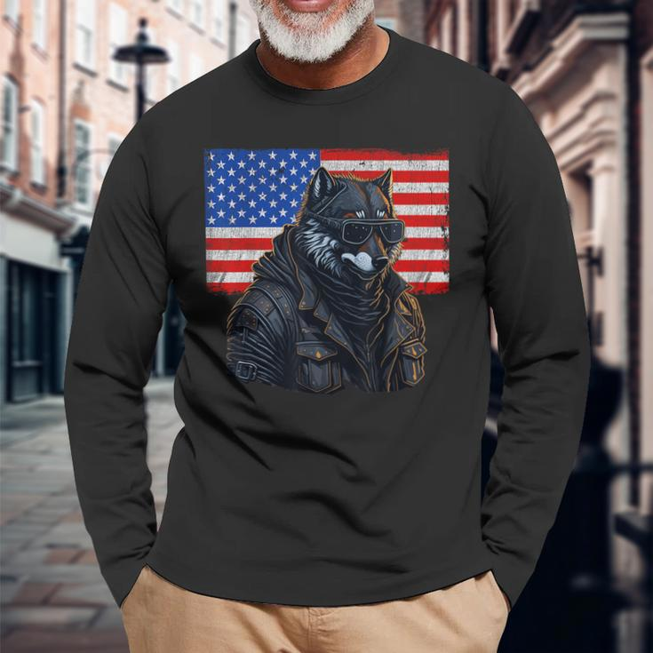 Vintage Patriotic Biker Wolf Shades Rustic American Flag Usa Long Sleeve T-Shirt T-Shirt Gifts for Old Men