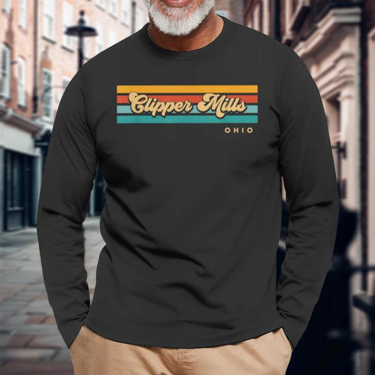 Vintage Sunset Stripes Clipper Mills Ohio Long Sleeve T-Shirt Gifts for Old Men