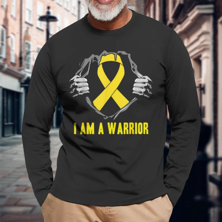 I Am A Warrior Childhood Cancer Awareness Gold Ribbon Long Sleeve T-Shirt Gifts for Old Men