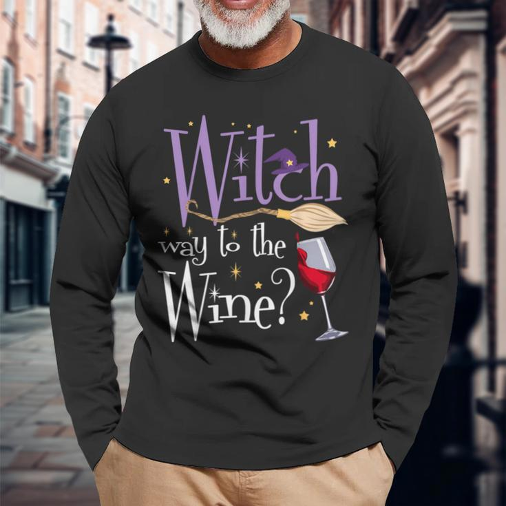 Witch Way To The Wine Halloween Drinking For Wiccan Witches Long Sleeve T-Shirt Gifts for Old Men